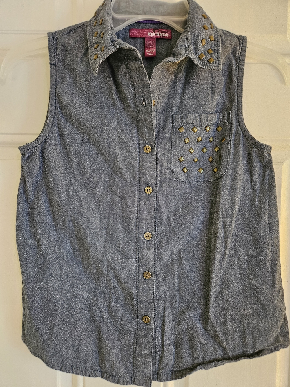 Epic Threads Girls Denim Sleeveless Button-Down Top with Gold Studs - Blue